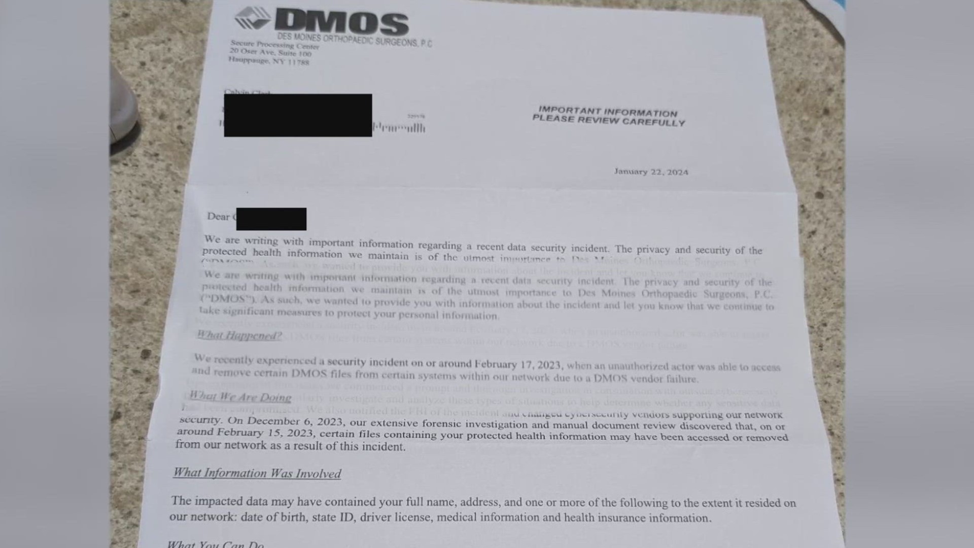 Des Moines Orthopedic Surgeons (DMOS) said they "experienced a security incident" in February 2023. But customers were not notified until letters arrived this month.