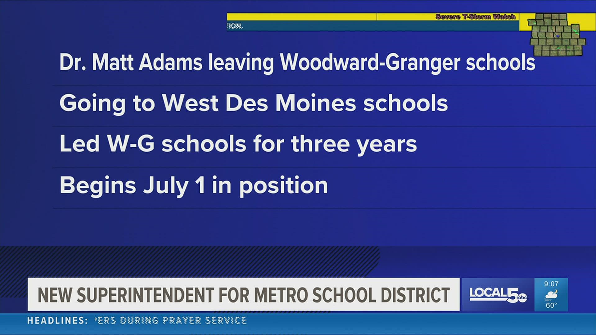 Dr. Matt Adams wrote to families in a letter Friday he is resigning soon to take the same position leading West Des Moines schools.