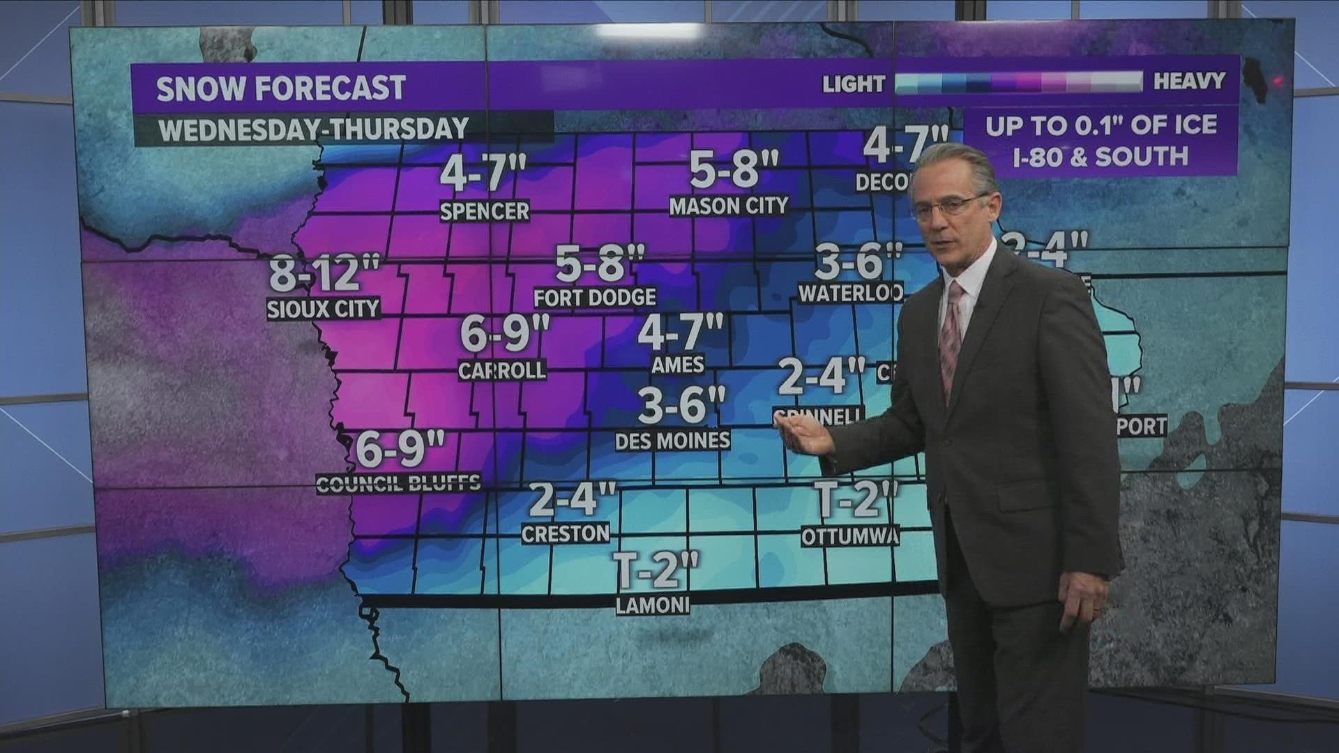 Areas north and west of Des Moines will see the highest snow totals for this event. Mix is likely this afternoon before snow begins.