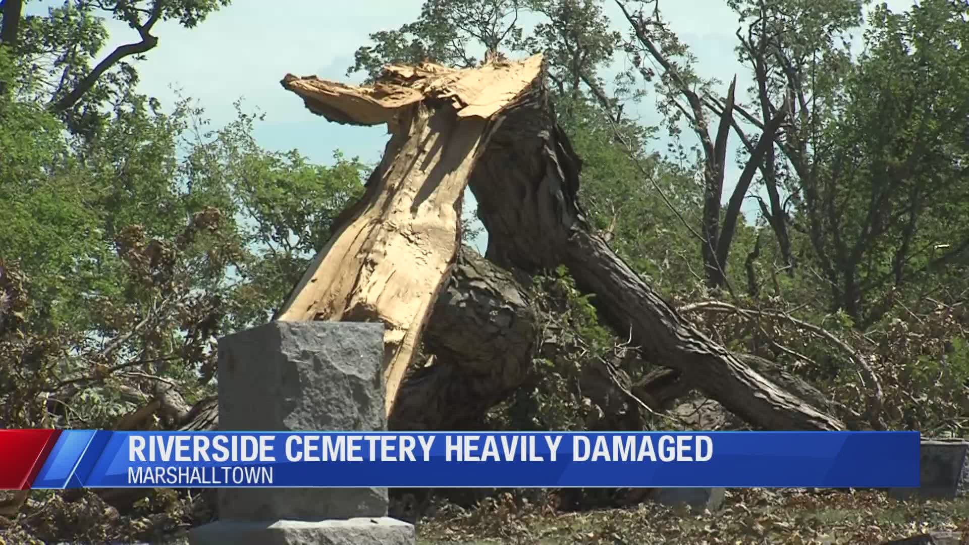 Trees are snapped, monuments are toppled and vaults are exposed in the historic Riverside Cemetery.
