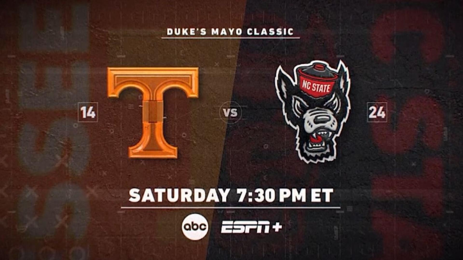 Catch the Tennessee vs. NC State football game tomorrow at 7:30 p.m.