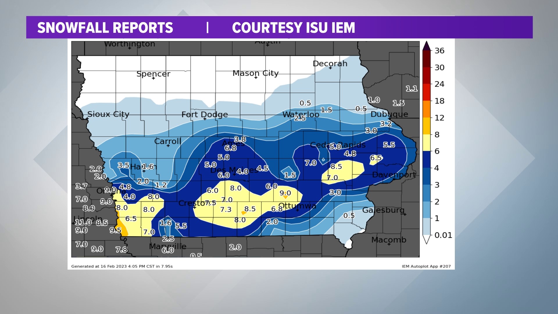 How much snow in today? Des Moines, Oskaloosa, Griswold, Albia