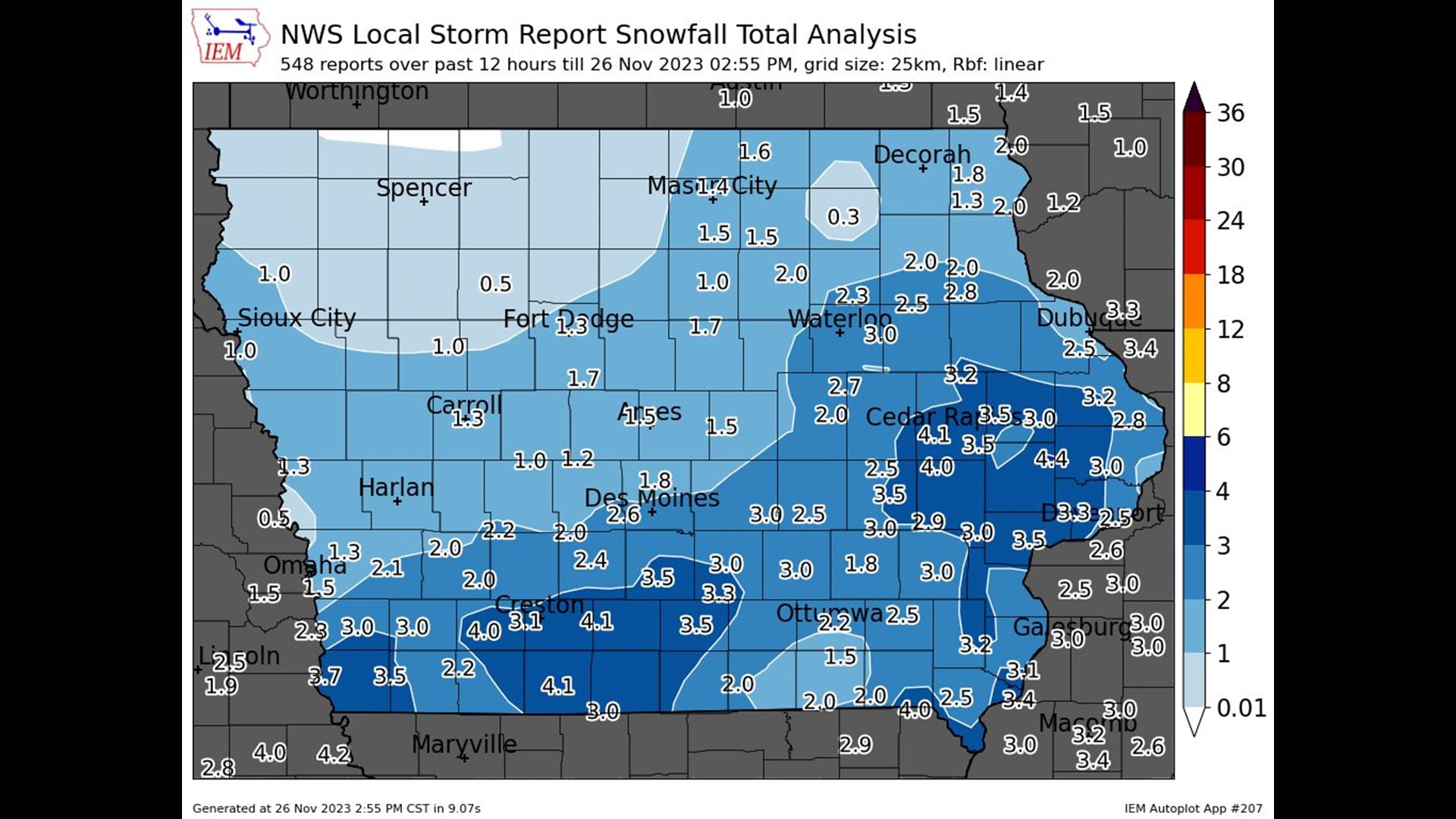 Iowa winter weather Snow totals from Saturday, Nov. 25