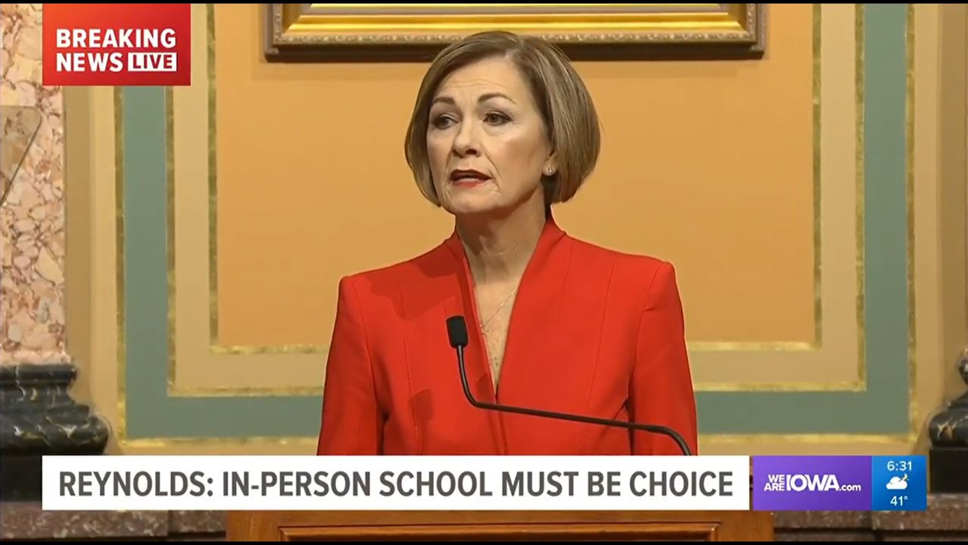 In her 2021 Condition of the State address, Reynolds said Iowa families deserve the option to send their children to school in the classroom.