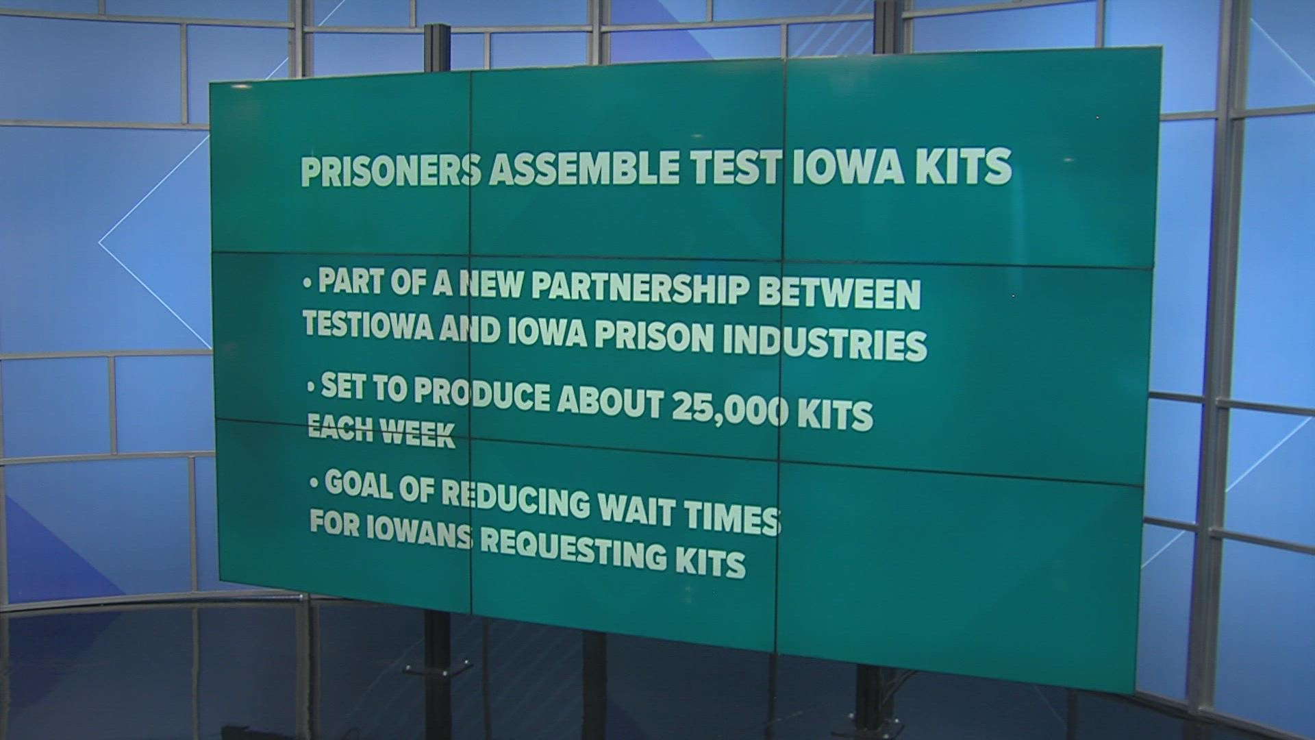 The state is partnering with Iowa Prison Industries to prepare the test kits for shipment across Iowa.