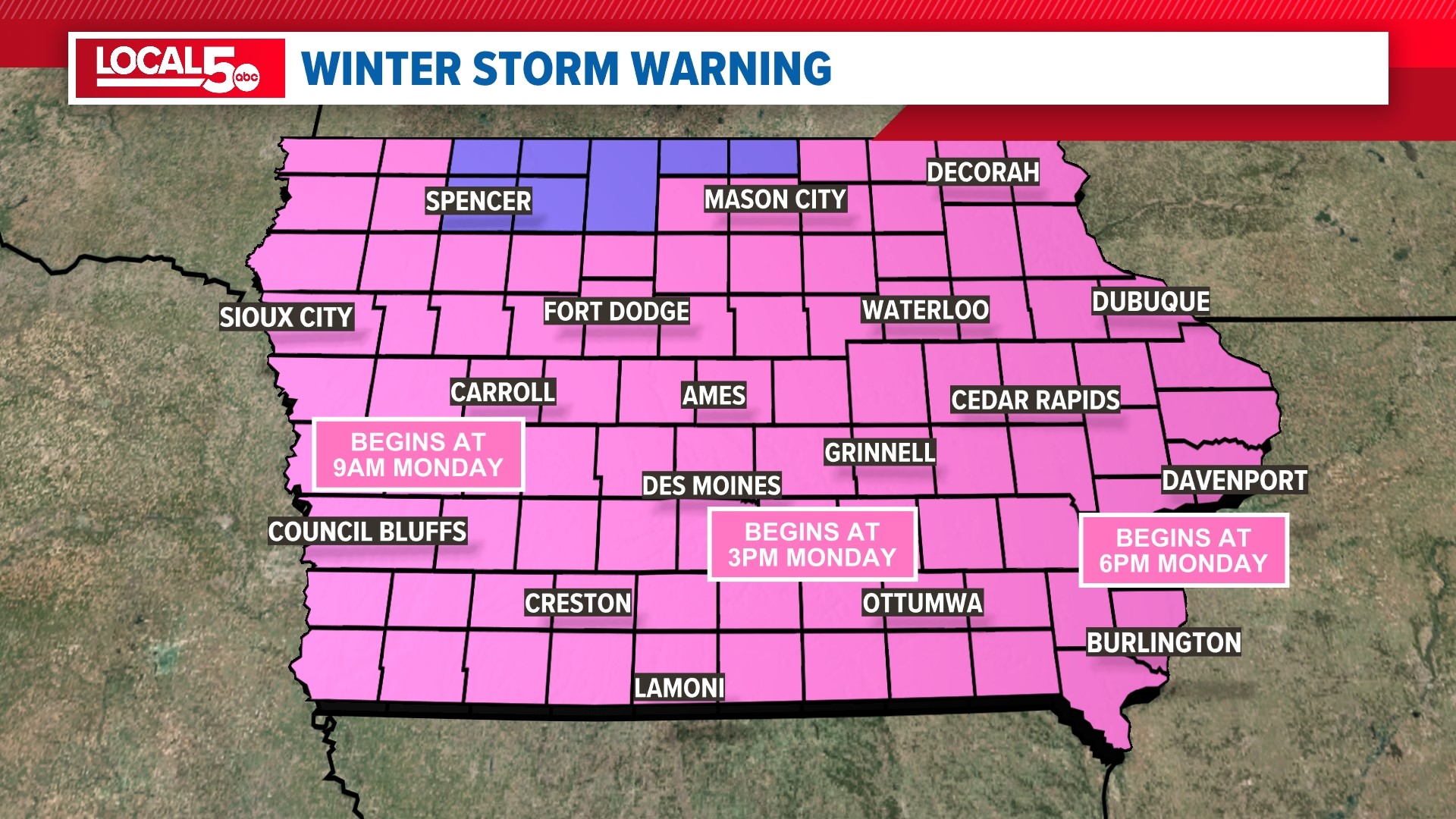 Snow will begin in central Iowa on Monday afternoon, with the heaviest snow set to arrive late Monday night.