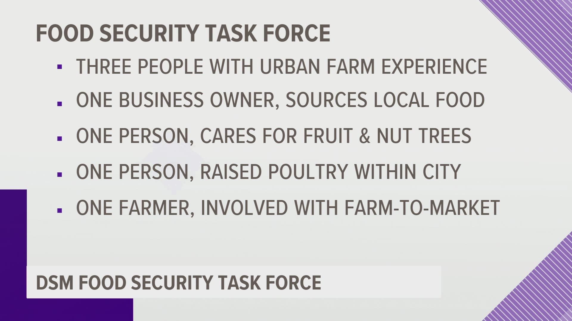The task force will be made up of seven members, each with unique backgrounds that allow them to empower others to produce their own food and provide for others.