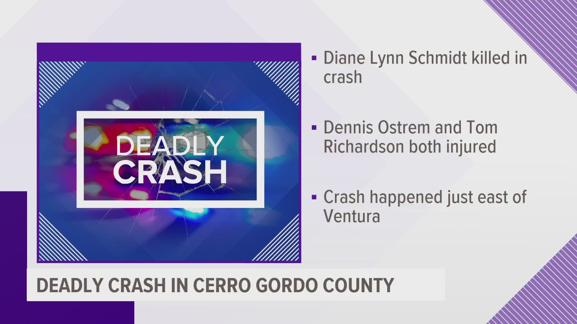 According to the crash report, a minivan headed west on Highway 18 crossed the center line and hit two eastbound vehicles around 12:30 p.m. Friday.