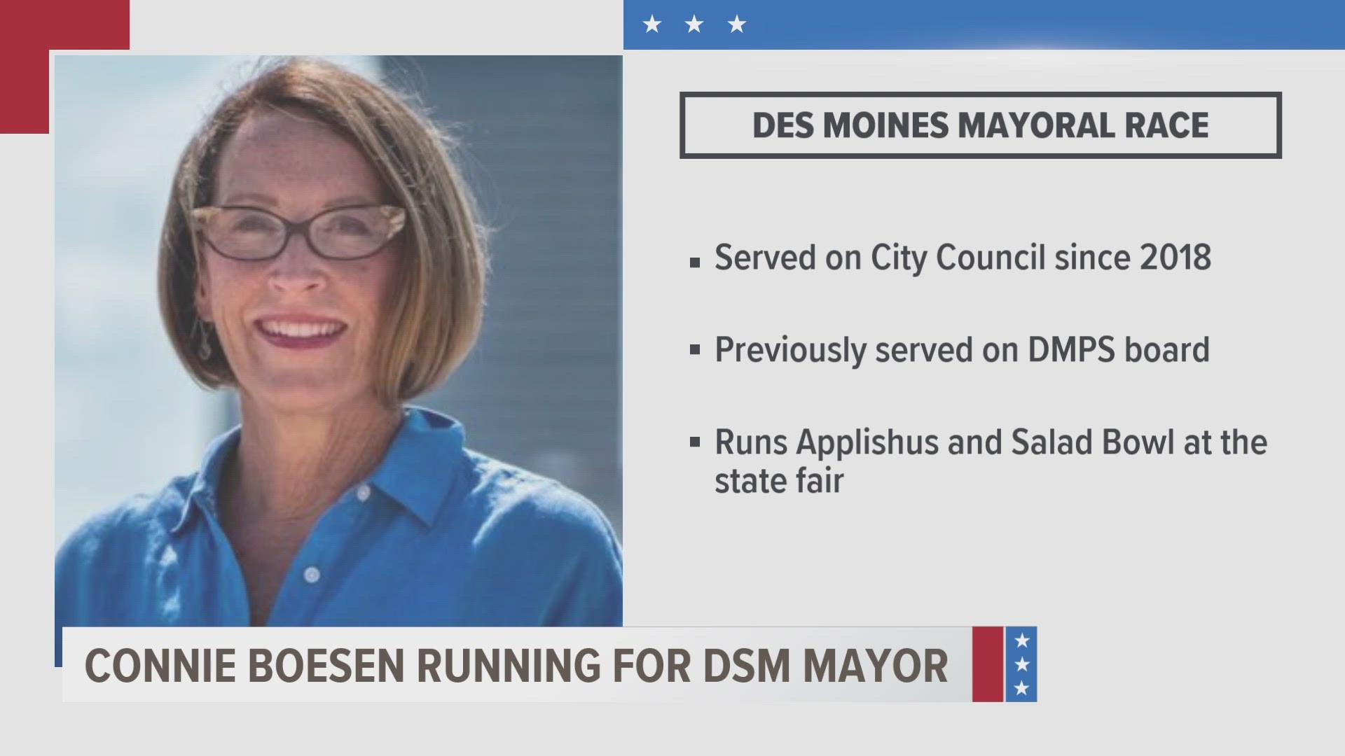 Boesen has served on the city council since 2018. Before that, she was a member of the Des Moines Public Schools board.