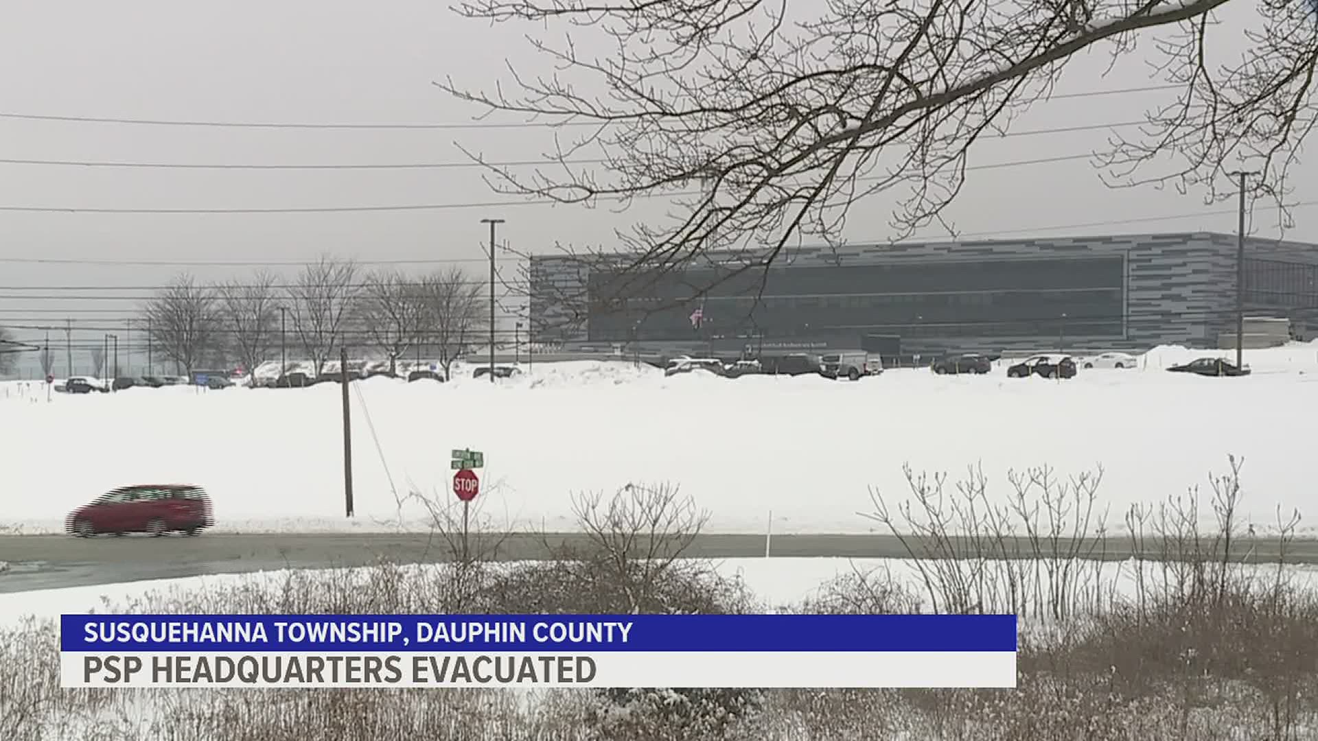 The State Police headquarters in Harrisburg was evacuated after the facility received a bomb threat.