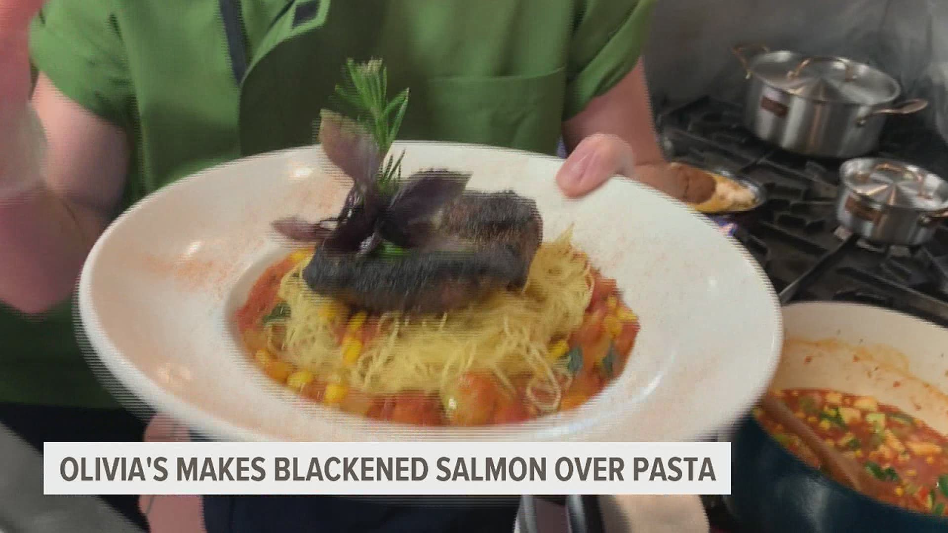 Olivia's Makes Blackened Salmon Over Pasta