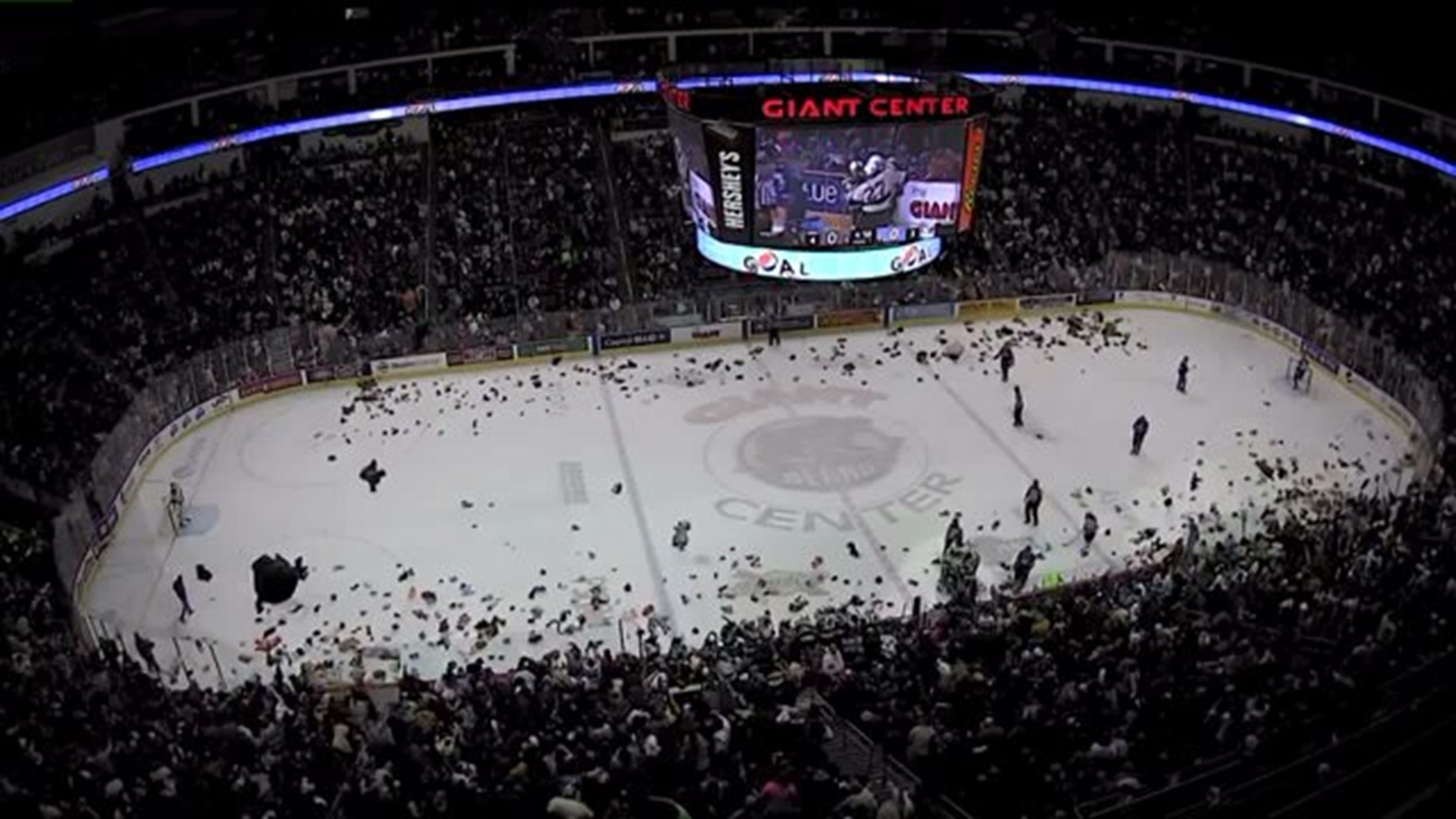 Thousands of teddy bear thrown on ice at Hershey Bears game