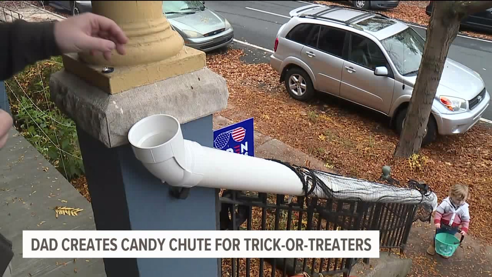 Giving out candy this Halloween just got a whole lot easier and safer for kids. A dad in Lancaster built a "candy chute" with treats sliding right into kids buckets.