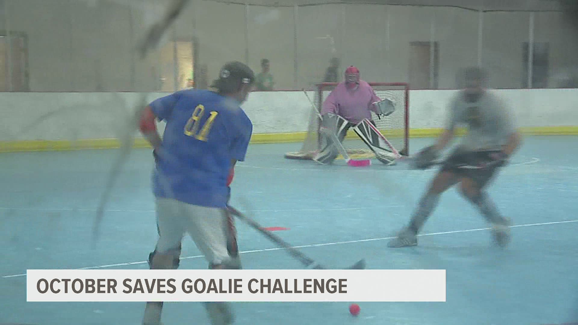 Ice hockey goalies from across North America are raising funds for cancer research by counting the number of saves they make through October.