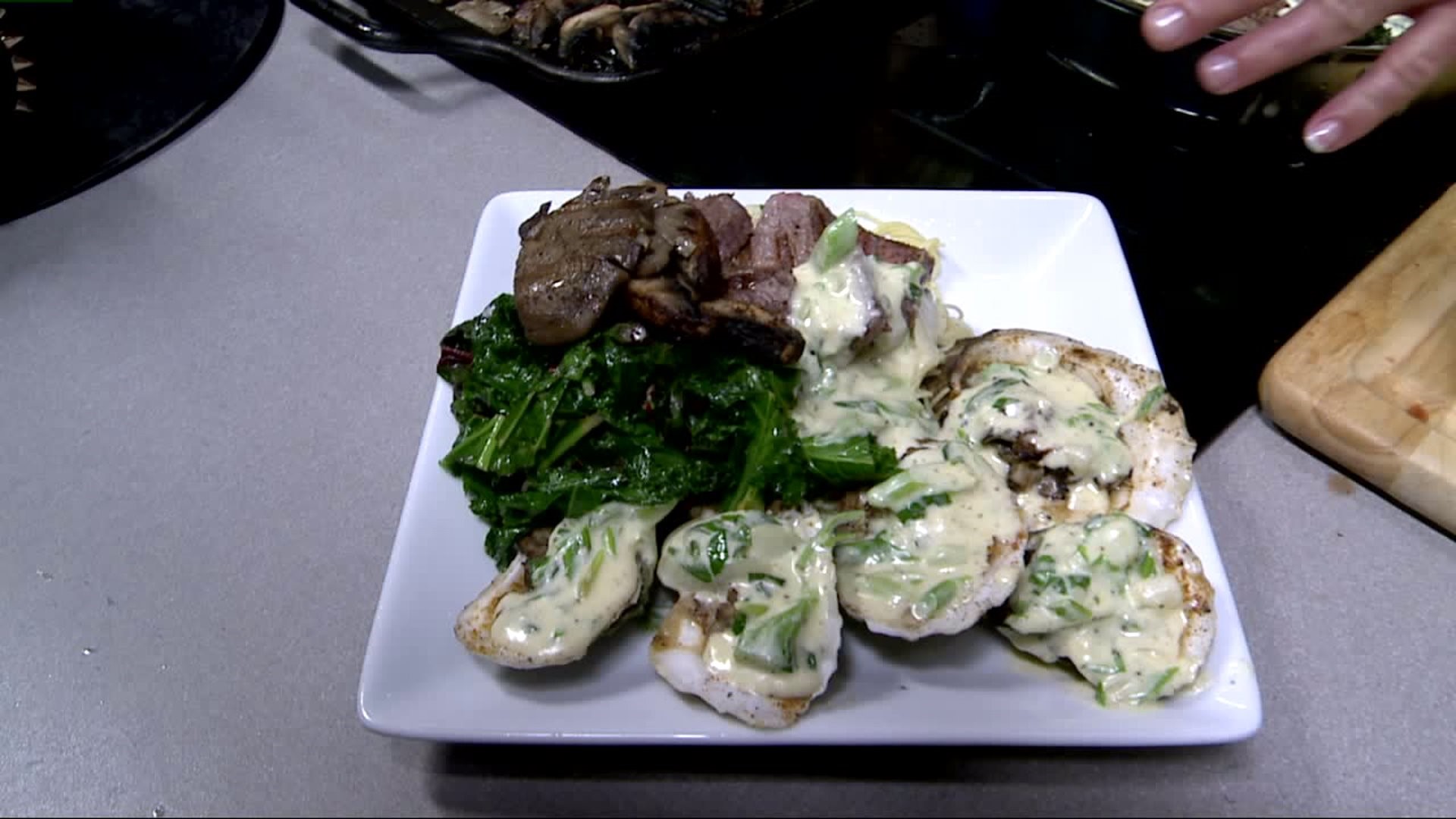 Fire grilled Oysters & Black Angus steak tips smothered w wild mushrooms