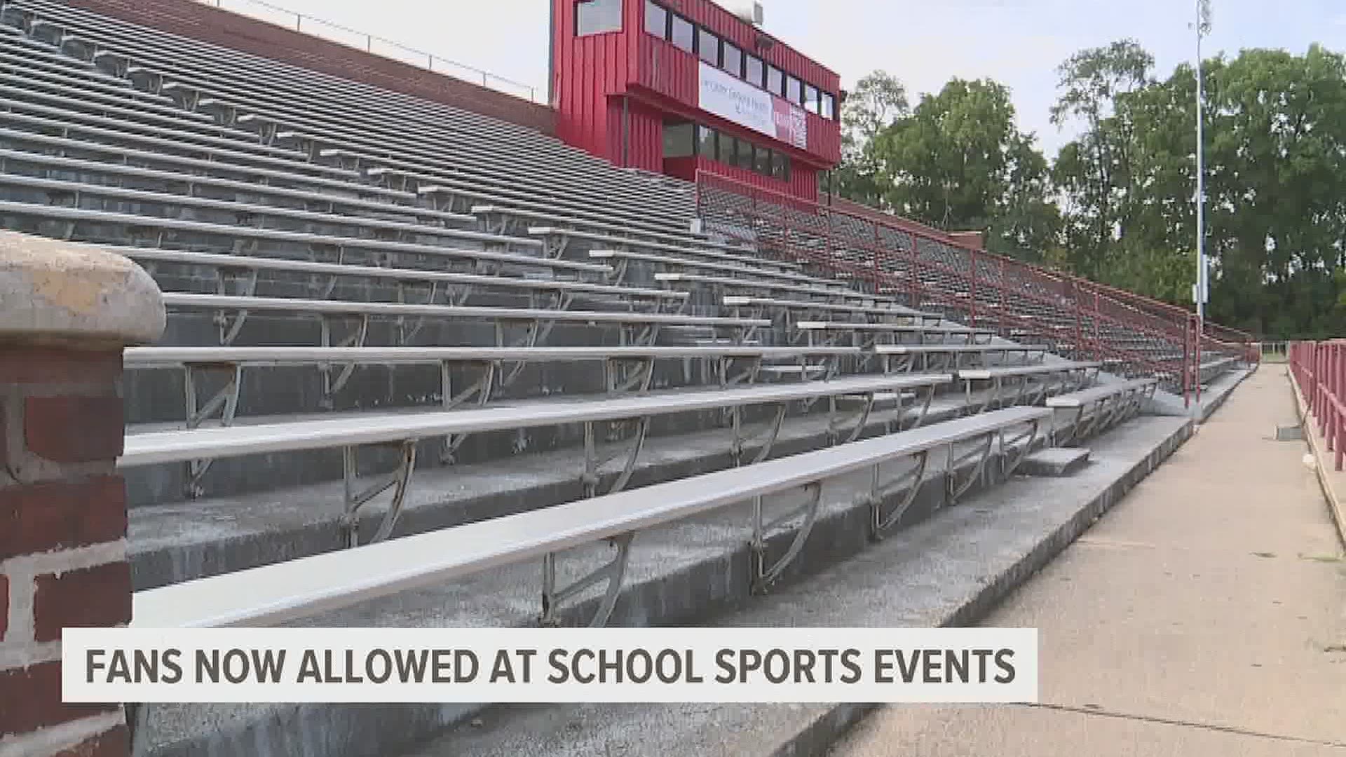 School sporting events are now allowed to invite friends and family to watch, but they're still limited to 250 people outside.