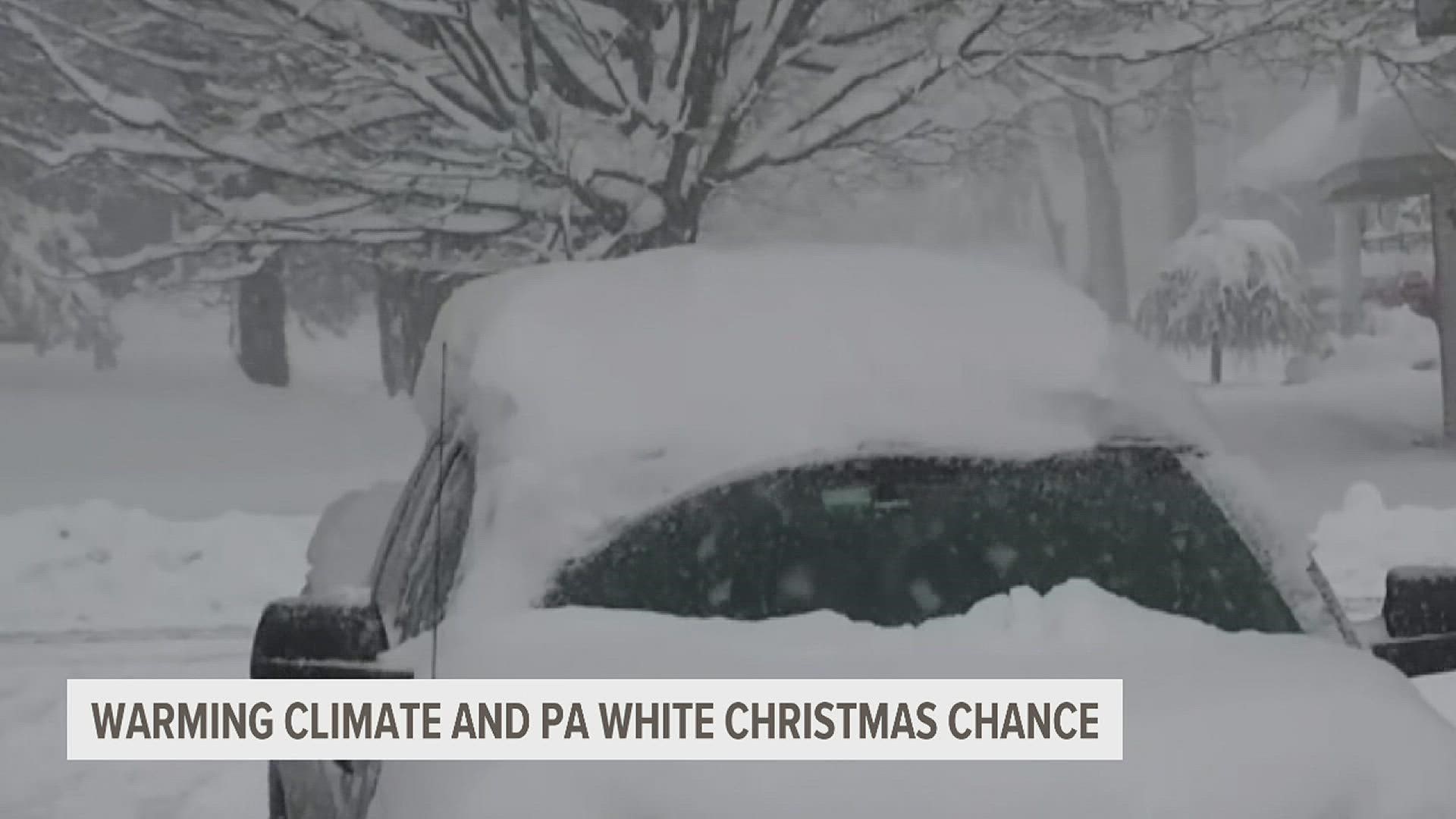 Data from the National Oceanic and Atmospheric Administration shows Harrisburg's chance for a "White Christmas" is on the low end, but it's not impossible!