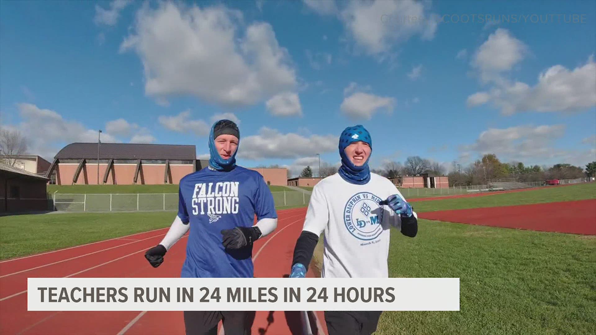 Two teachers at Lower Dauphin High School completed a challenge to run 24 miles in 24 hours to raise funds for pediatric cancer research.