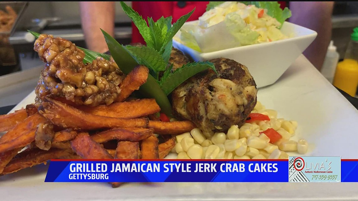 Olivia's grills up Jamaican jerk crab cakes w/ island style sweet