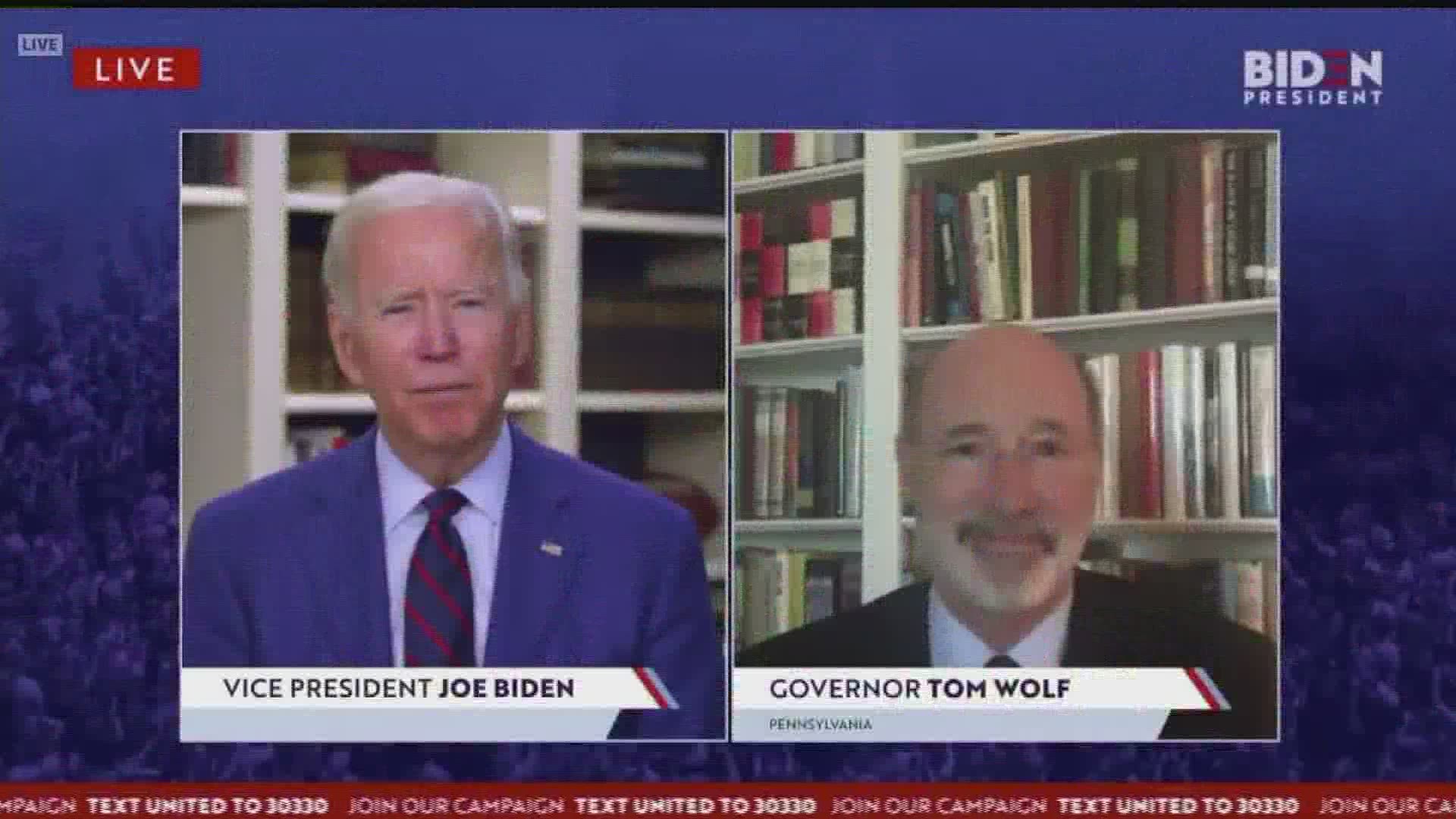 Governor Tom Wolf announced his endorsement of Joe Biden the same day both spoke remotely regarding the COVID-19 crisis