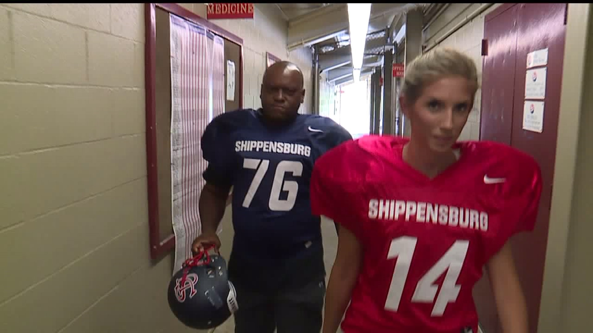 Fox43`s Chris Garrett and Jennifer Ready compete to see who can make the Shippensburg University football team