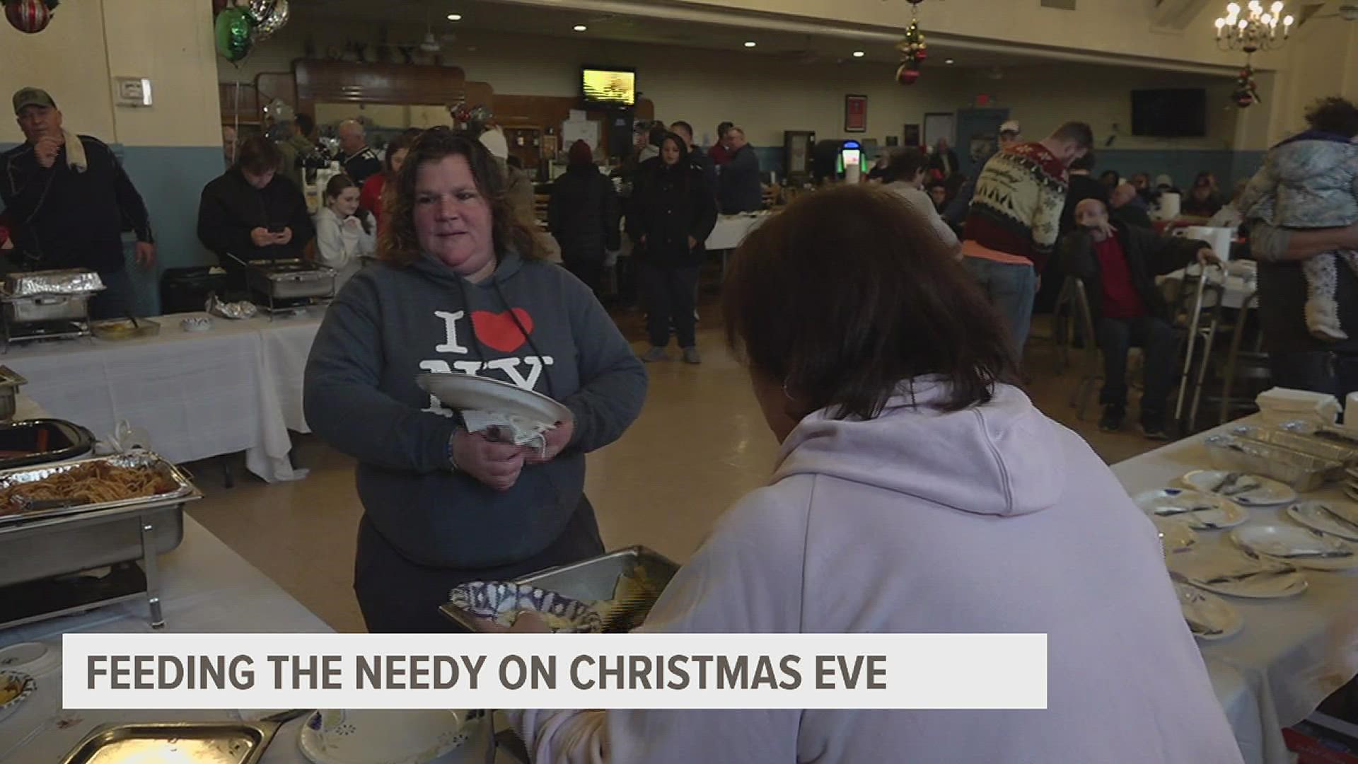 It was a jolly start to the Christmas weekend for dozens of families in York, who sat down for a holiday meal this morning and left with armfuls of gifts.