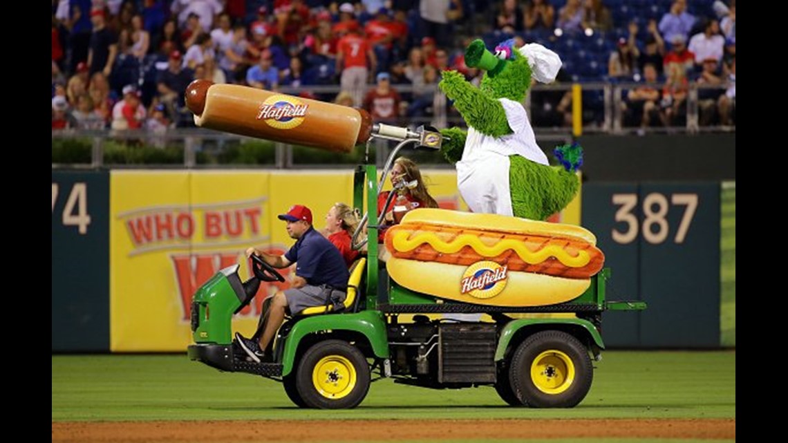 Phillies fan injured after Phillie Phanatic's flying hot dog hit her in the  face