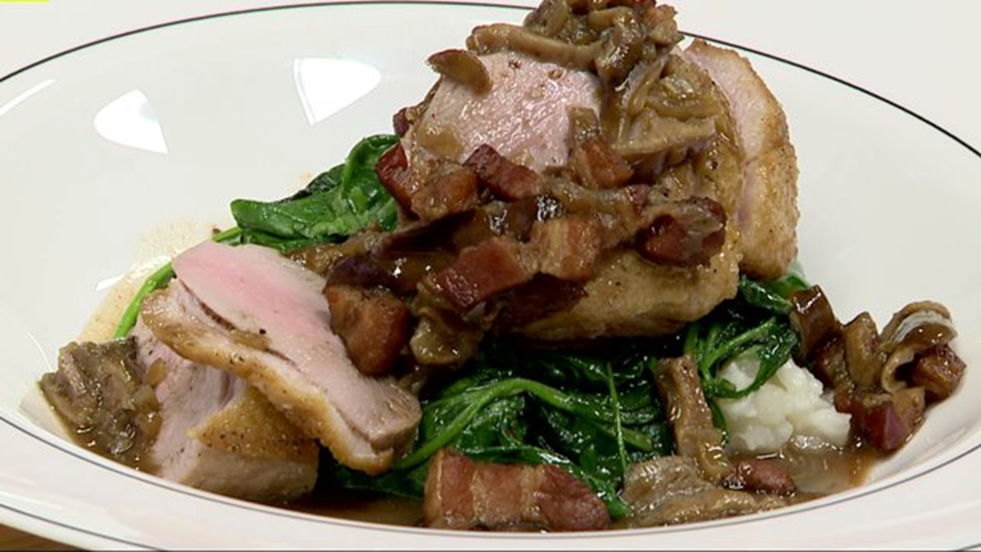 Seared Duck with Apple Smoked Bacon and Shiitakes over "Power Greens"