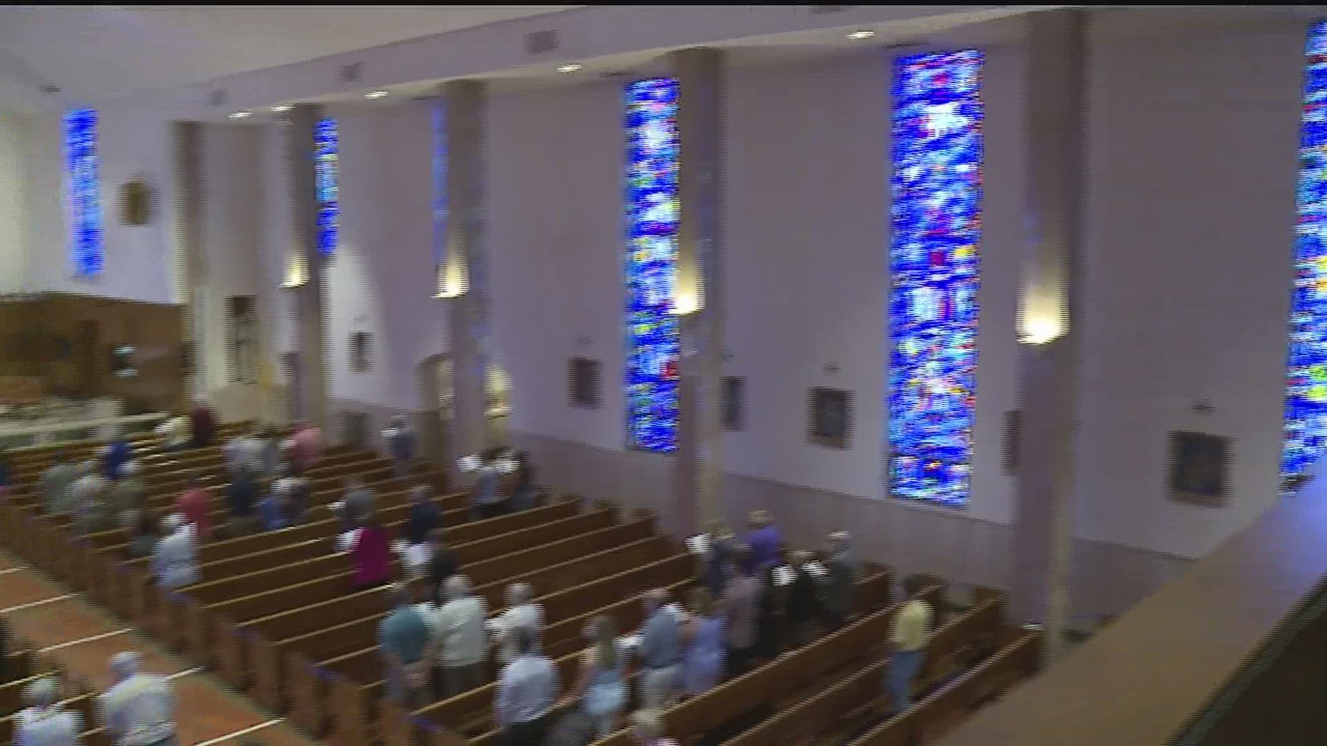 York's The Saint Rose of Lima church hosts public mass for first time in months.