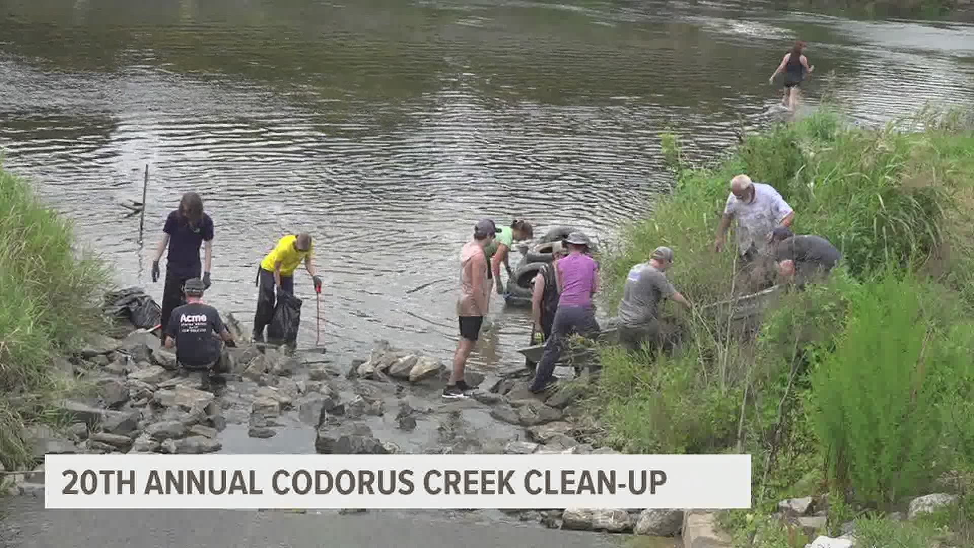 Teams spent hours cleaning up the Northeast extension of the Rail Trail along the creek.