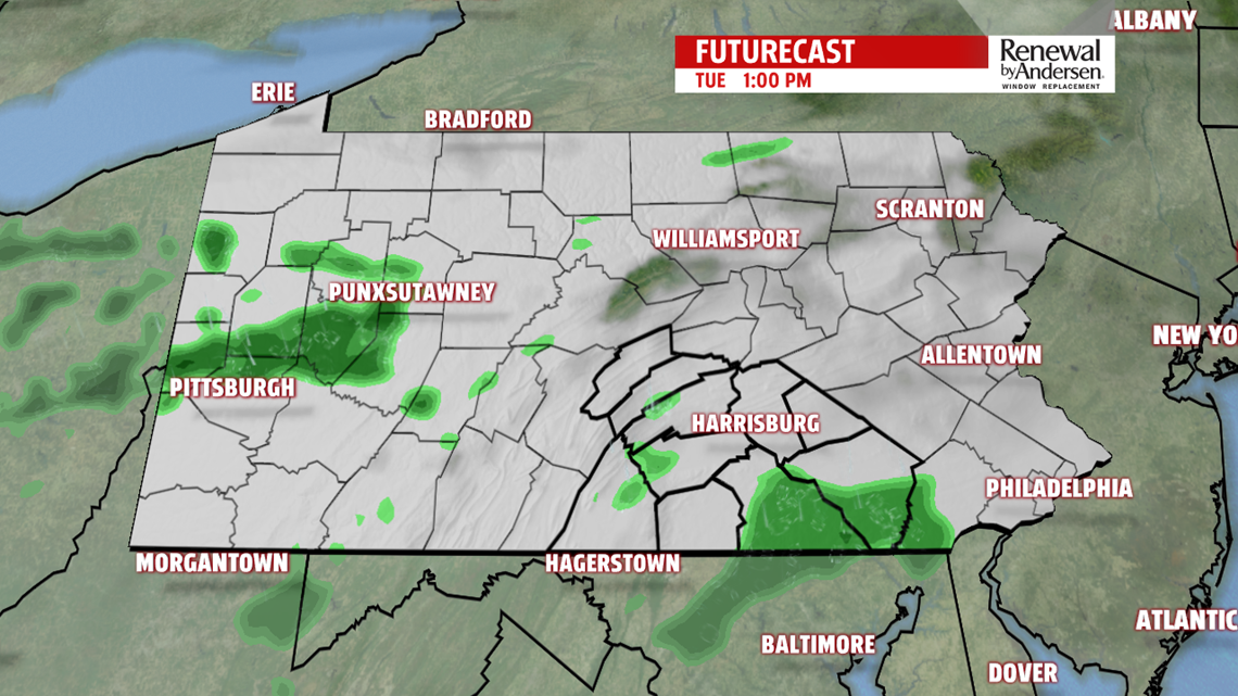 Still mild for Tuesday with occasional rain showers, then temperatures