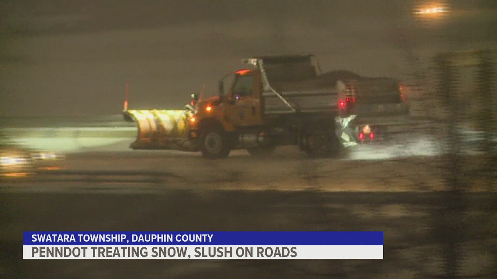 PennDOT had about 500 trucks active on roads or on standby as snow began to hit Central Pennsylvania on Sunday afternoon.