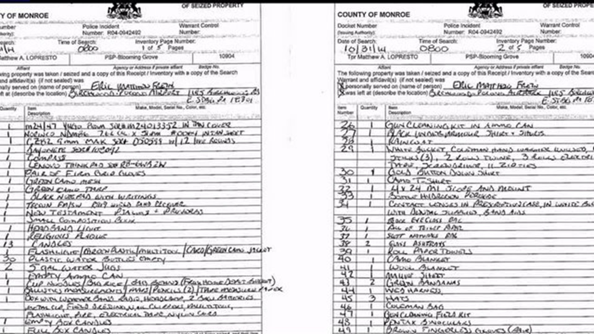 Search warrant lists 100+ items found in Frein`s hangar hideout