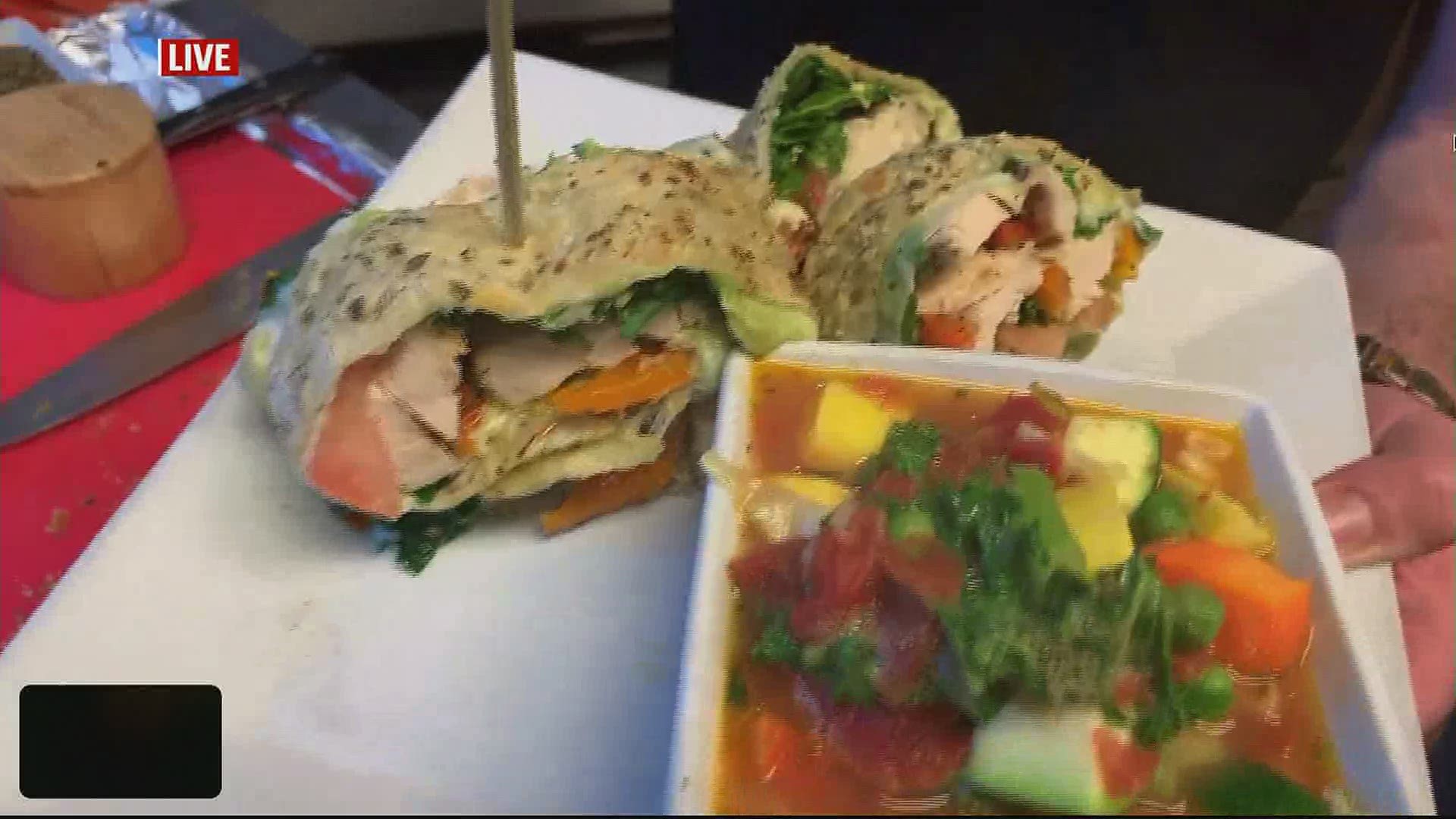 Olivia's Serves Hearty Vegetable Soup served with a Grilled Chicken & Avocado Wrap