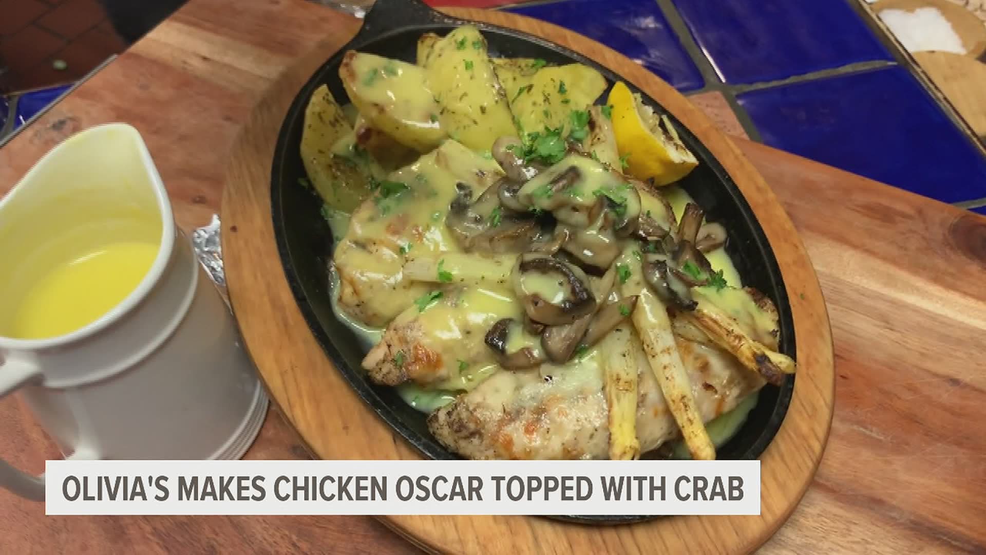 Olivia's Makes Chicken Oscar Topped with Crab