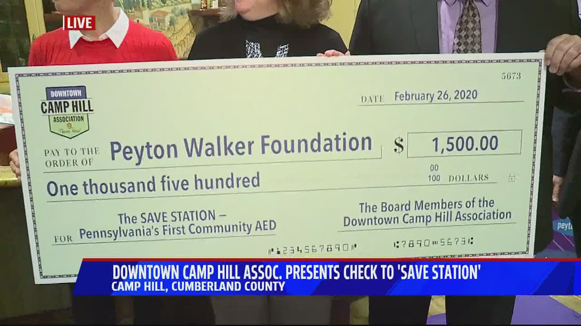 The Peyton Walker Foundation to increase awareness of sudden cardiac arrest. They were presented a check today for one thousand five hundred dollars