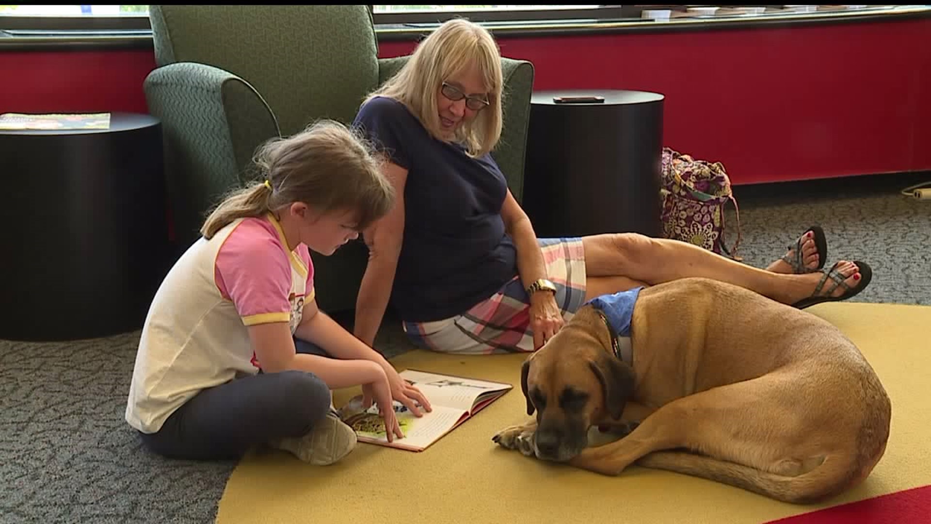 Children read to therapy dogs in Sit, Stay, and Read program