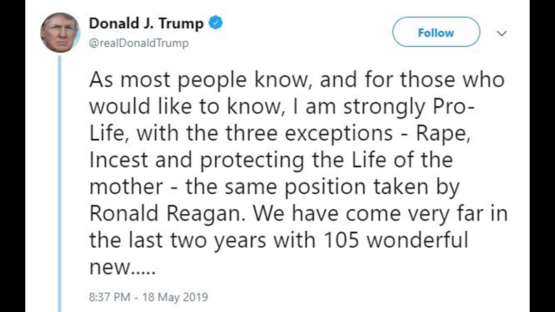 Trump Tweets That He Favors Exceptions To Abortion Bans | Fox43.com