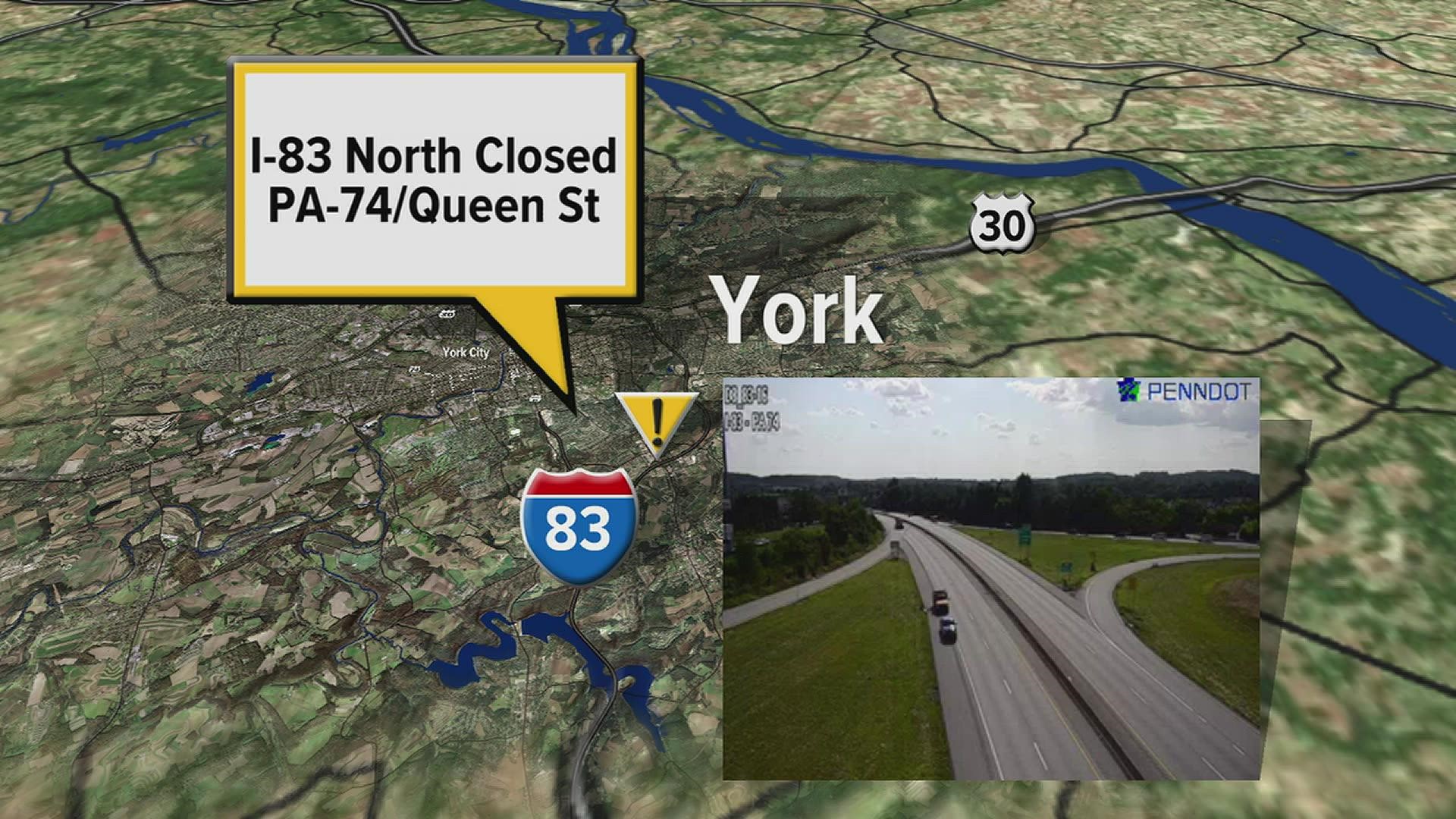 The crash occurred on I-83 Northbound between exit Pa. 182- Leader Heights and Exit 16B: Pa. 74 North Queen Street in York County just before 3 p.m.