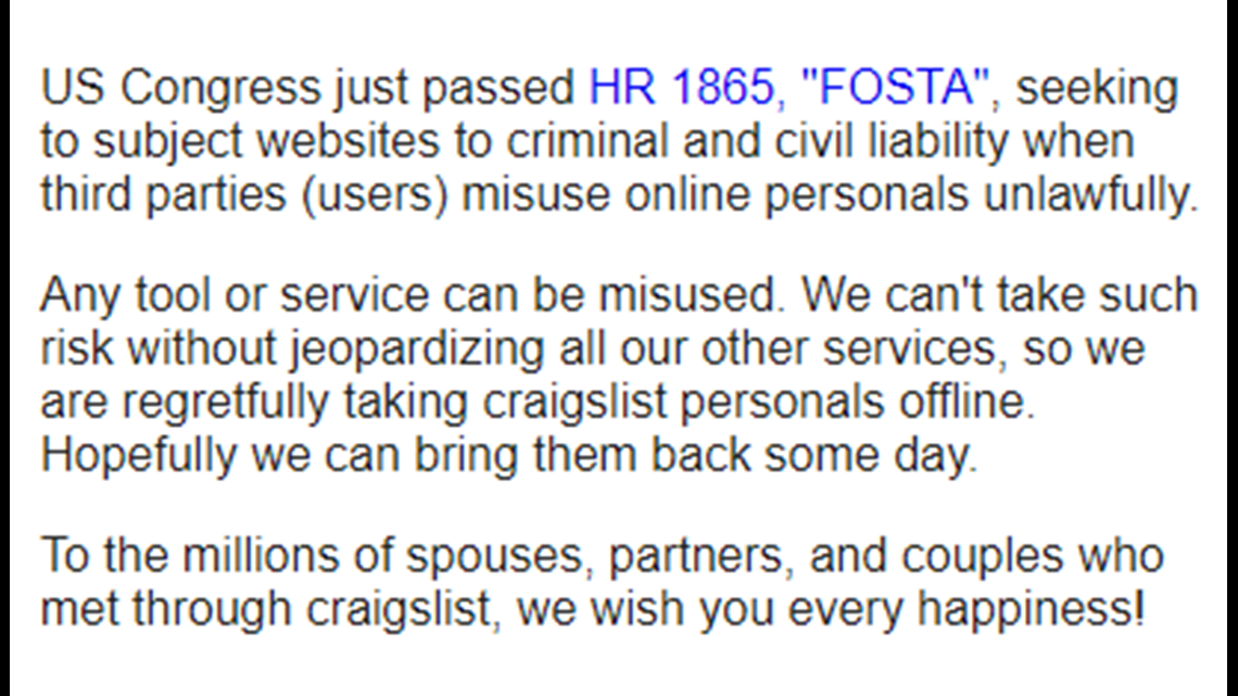 Craigslist Shuts Down Its Personals Section Fox43 Com