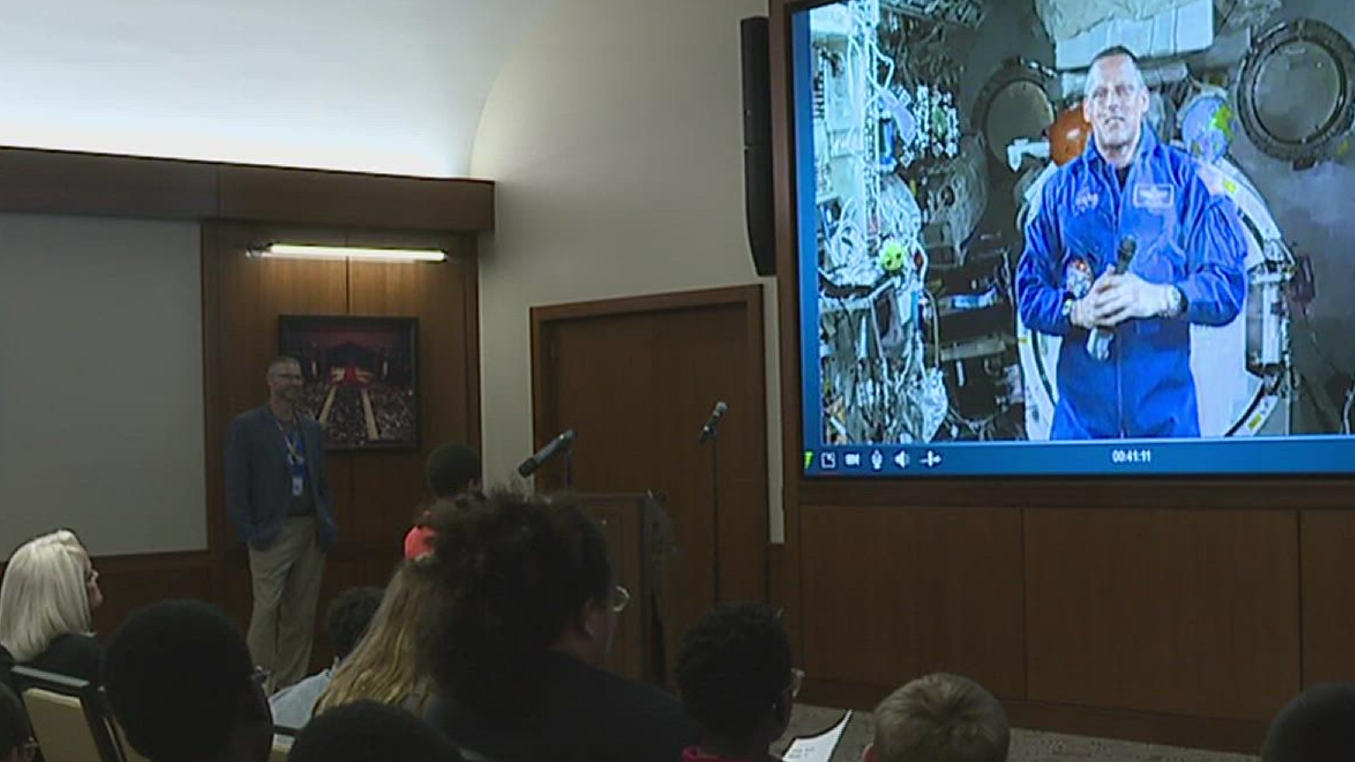 Bob Hines, who is currently on board the International Space Station, spoke with students at Milton Hershey School in Dauphin County via a live feed.