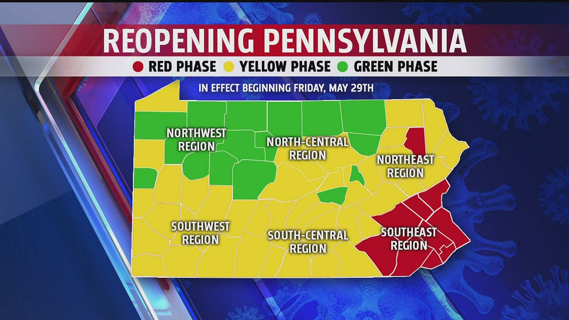 On Friday, May 29, Dauphin, Franklin, Huntington, Lebanon, Luzerne, Monroe, Pike and Schuylkill Counties will move into the Yellow Phase of reopening.