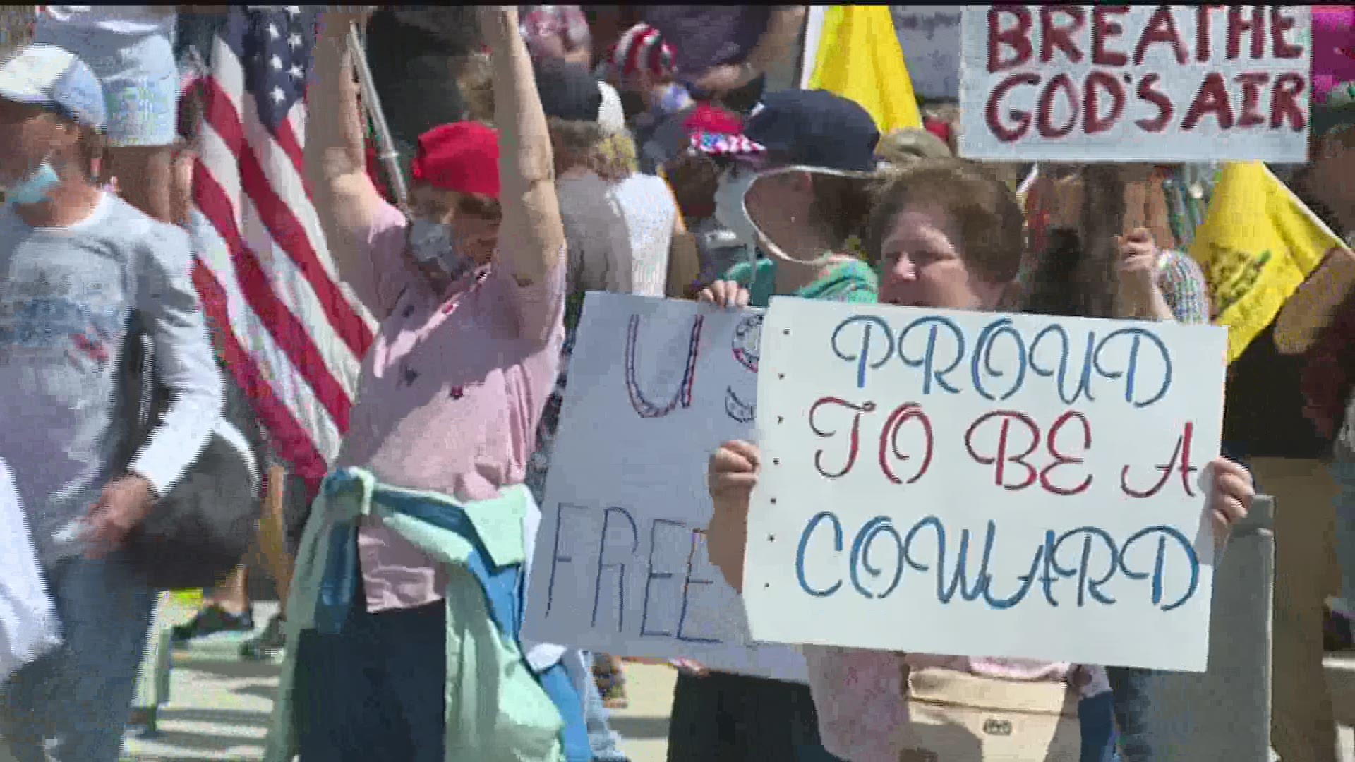 Demonstrators are holding a rally at the Capitol in Harrisburg on Wednesday, demanding for freedom of restrictions implemented due to COVID-19.