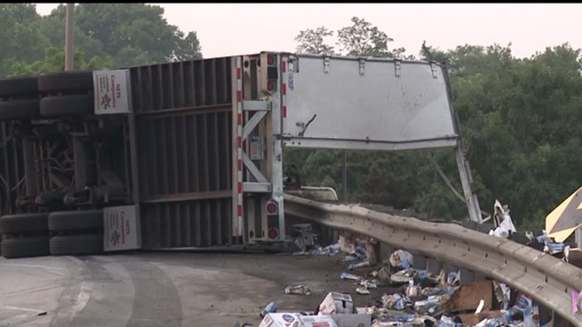 Tractor-trailer hauling chicken broth overturns on I-83 in Swatara Township
