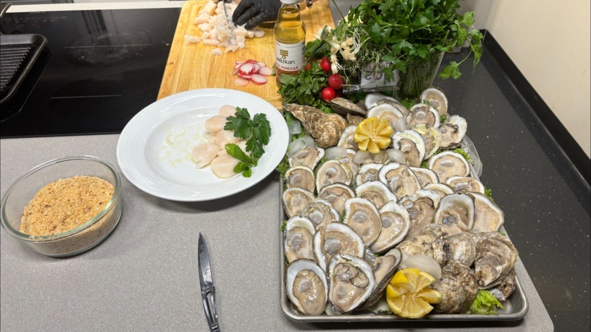 Olivia's makes oysters three ways: baked Mediterranean style, stuffed with colossal crab imperial and raw with a Champagne & Herb Mignonette.