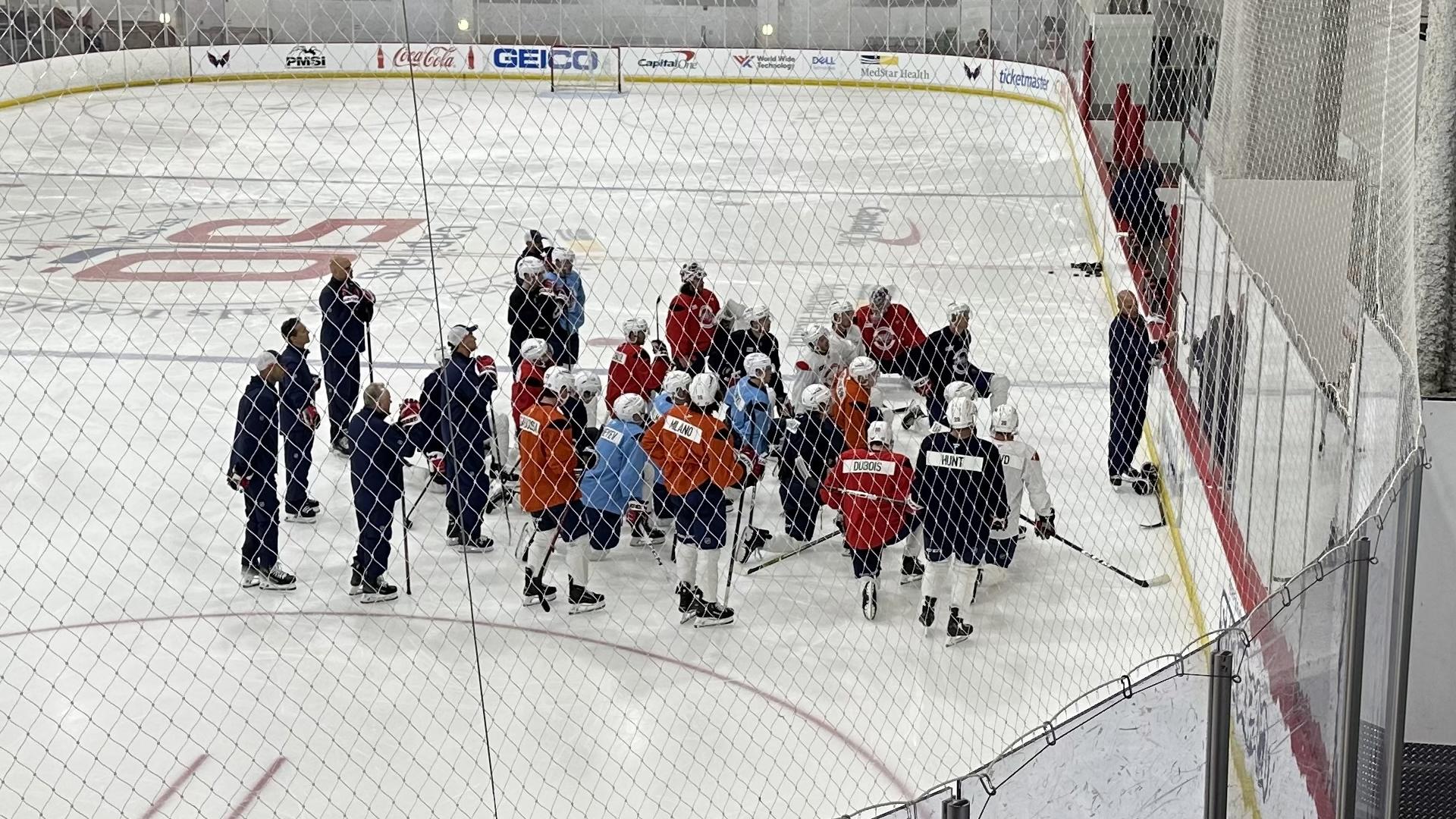 Players on the ice for beginning of NHL training camp in Arlington, VA.