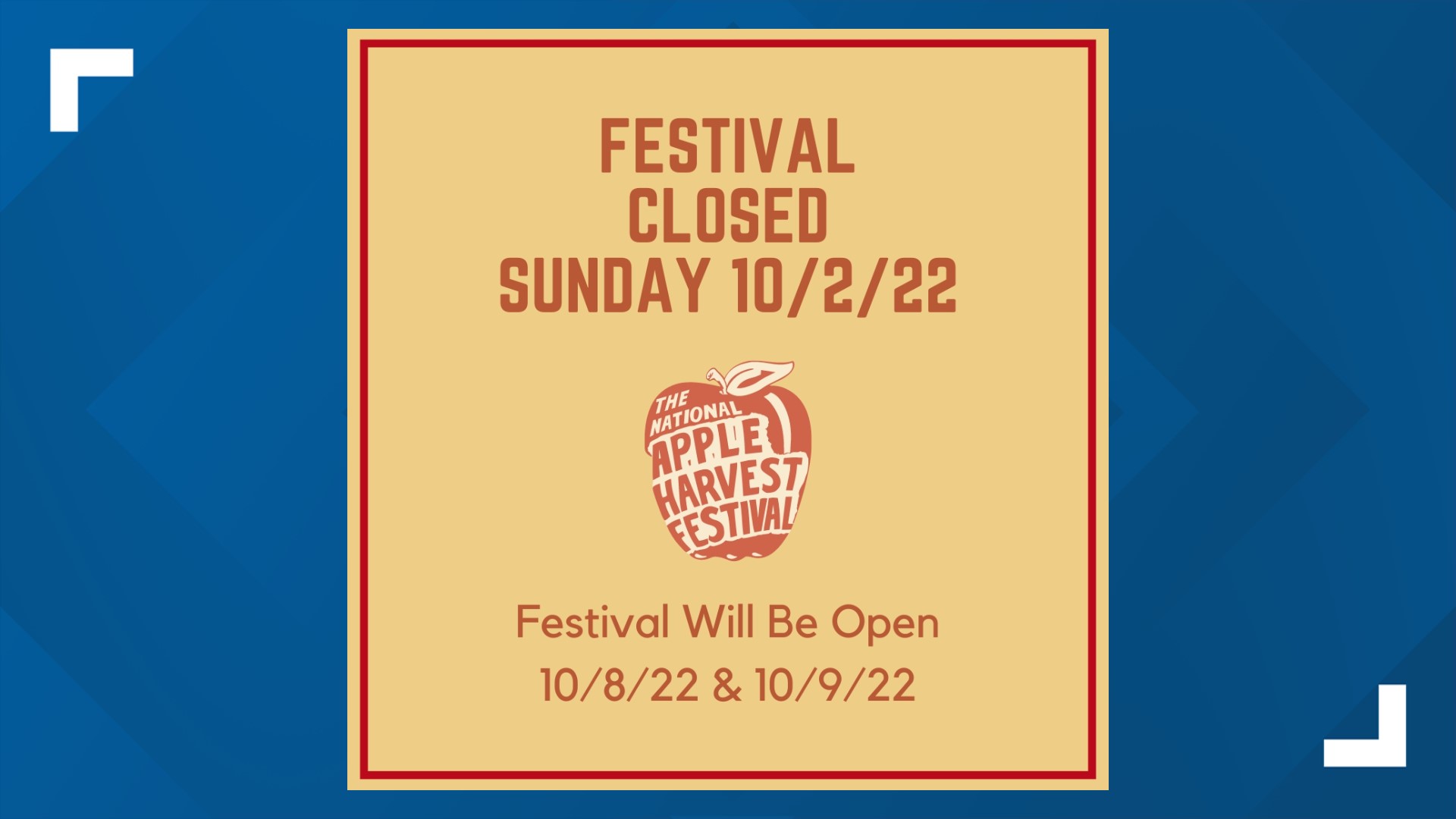 The festival will resume next weekend, Oct. 8 and 9, as scheduled.