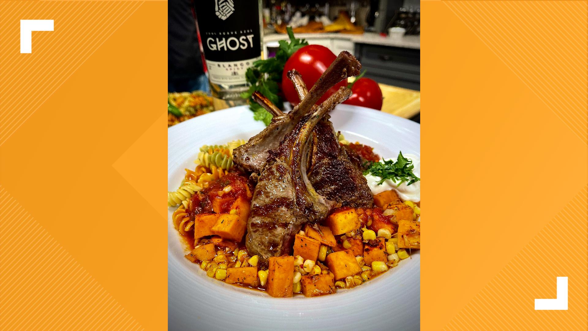 Mexican Style Fire-Grilled Lamb Chops are served over pasta along with roasted corn and sweet potatoes, all tossed in a Sweet and Smoky Chipotle Passata.