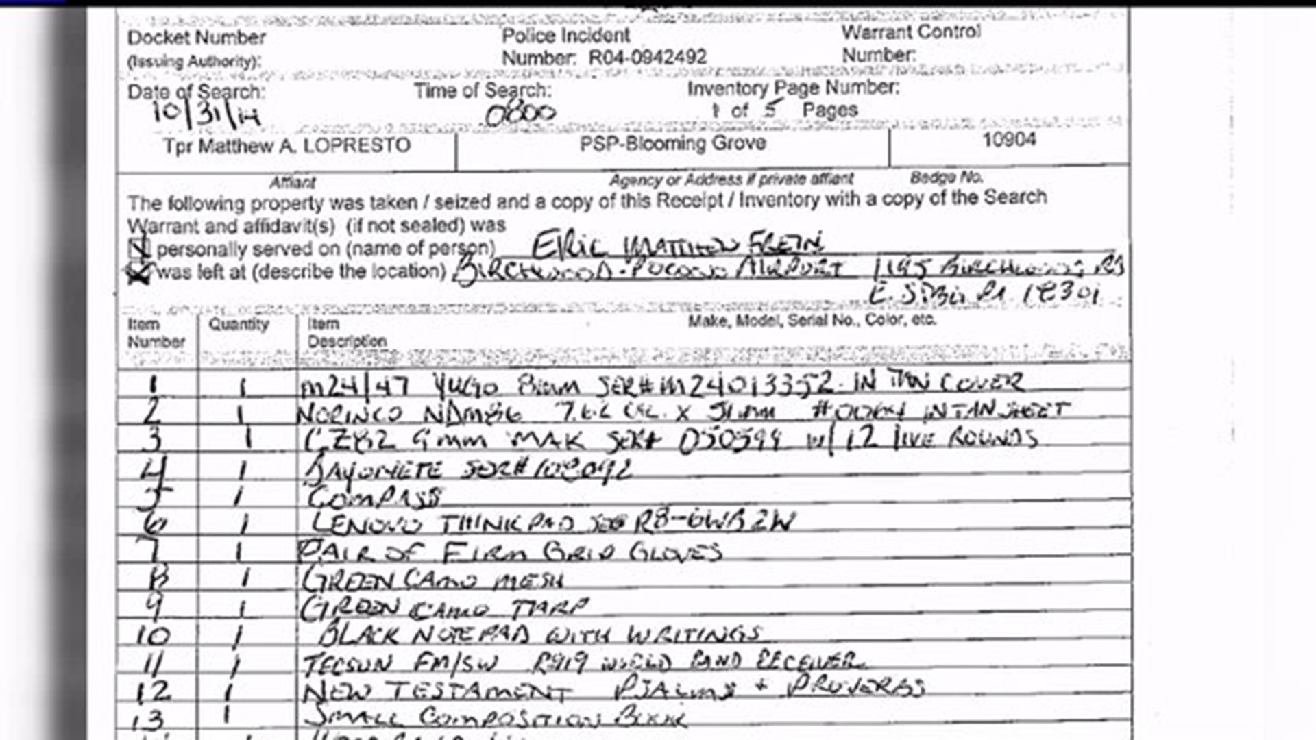 More Eric Frein warrants and items from airport hanger