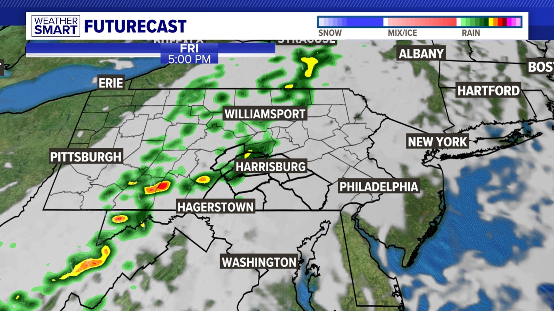 Scattered light showers return around the lunch time hour to finish out the work week. 30MPH wind gusts impact Saturday afternoon before a brief warm-up.